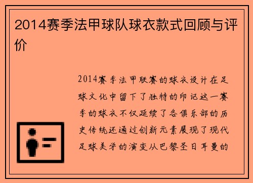 2014赛季法甲球队球衣款式回顾与评价